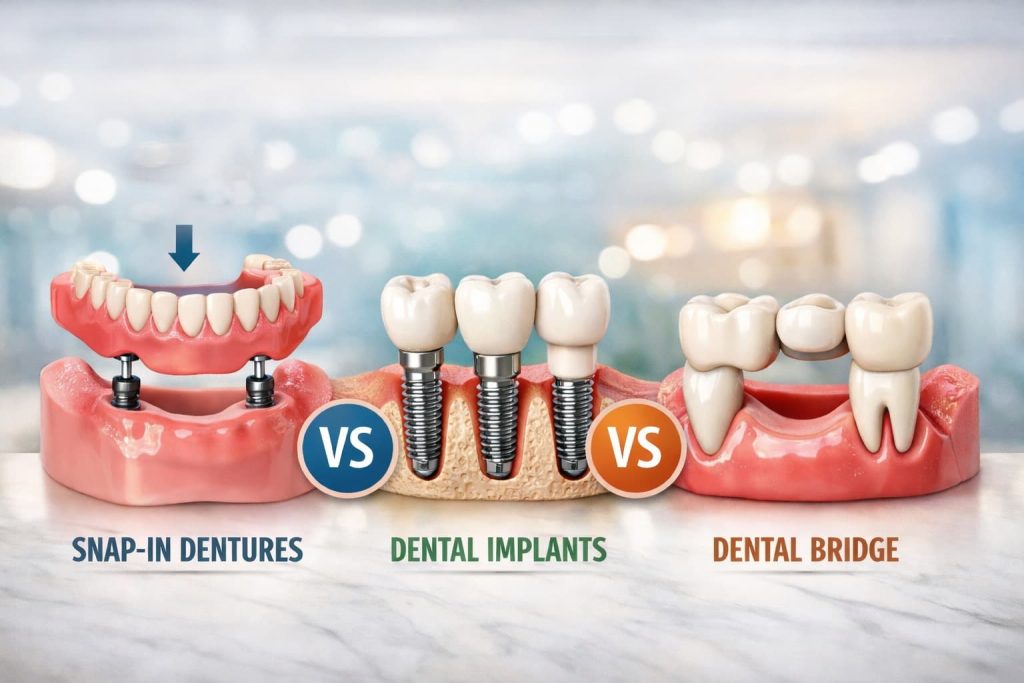 Snap-in Dentures vs Dental Implants vs Dental Bridges