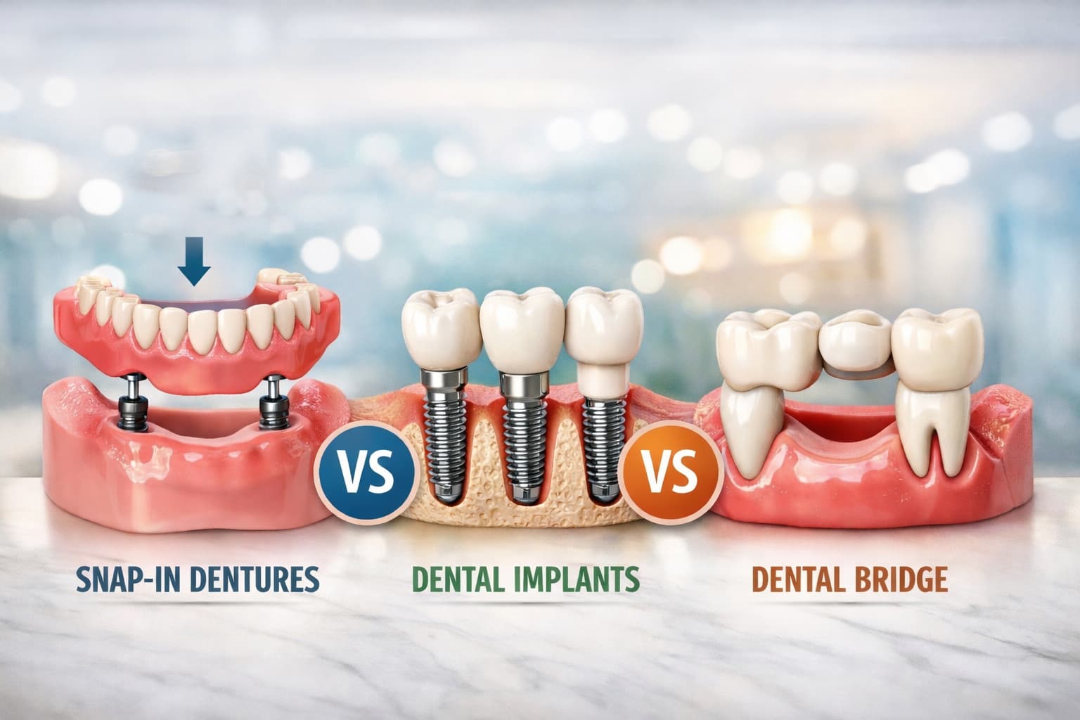 Snap-in Dentures vs Dental Implants vs Dental Bridges