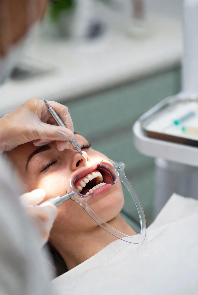 Close-up of a relaxed patient receiving a professional teeth whitening treatment in a modern dental clinic, with a dentist carefully applying whitening gel using precision tools in a clean, minimal environment.