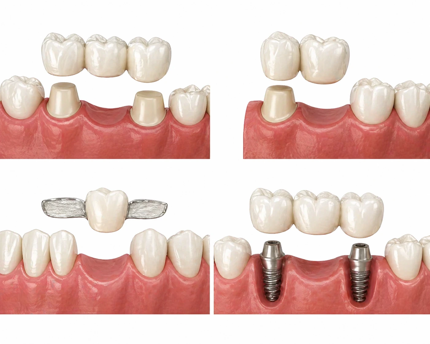 Four dental bridge types shown in a grid: traditional, cantilever, Maryland resin-bonded, and implant-supported