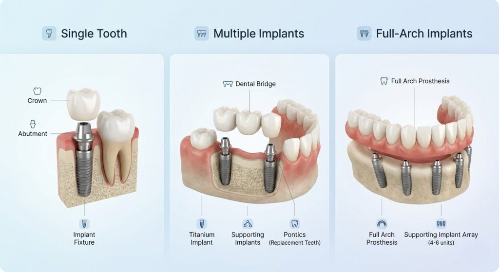 Medical infographic showing three types of dental implant treatments: a single tooth implant with crown, a dental bridge supported by multiple implants, and a full-arch prosthesis on a 4-6 implant array