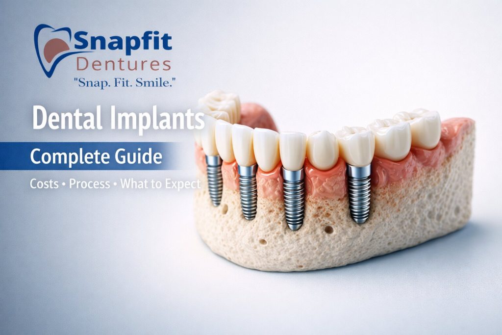 Ultra-realistic 3D render of lower jaw with dental implants showing osseointegration and implant-supported crowns – dental implants UK guide SnapFit Dentures Wolverhampton