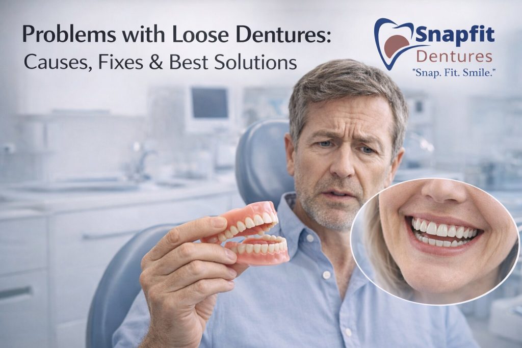 Patient holding loose traditional dentures with concern, illustrating common problems and solutions in a dental clinic