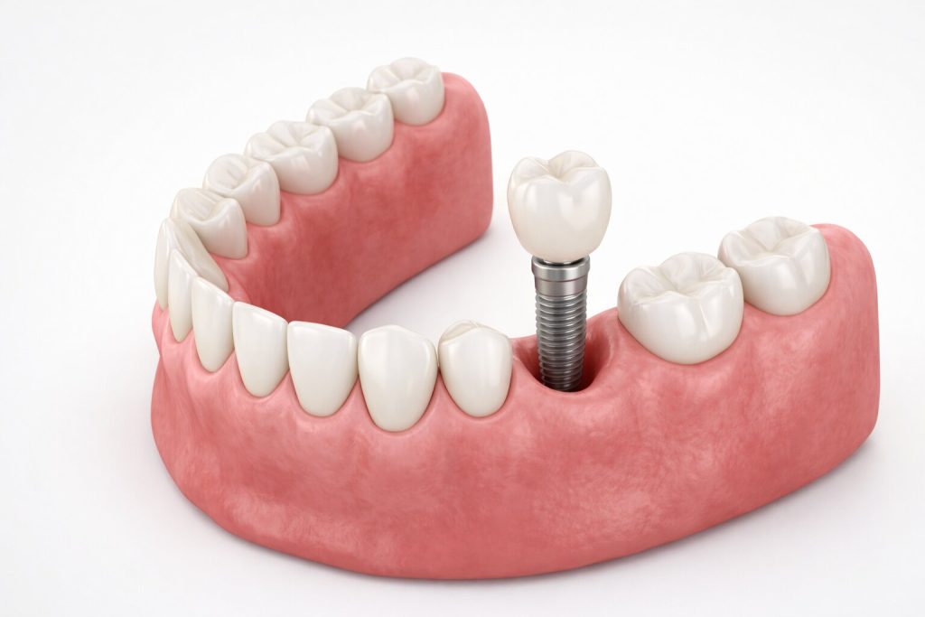Single dental implant with titanium post and ceramic crown in the lower jaw Wolverhampton clinic