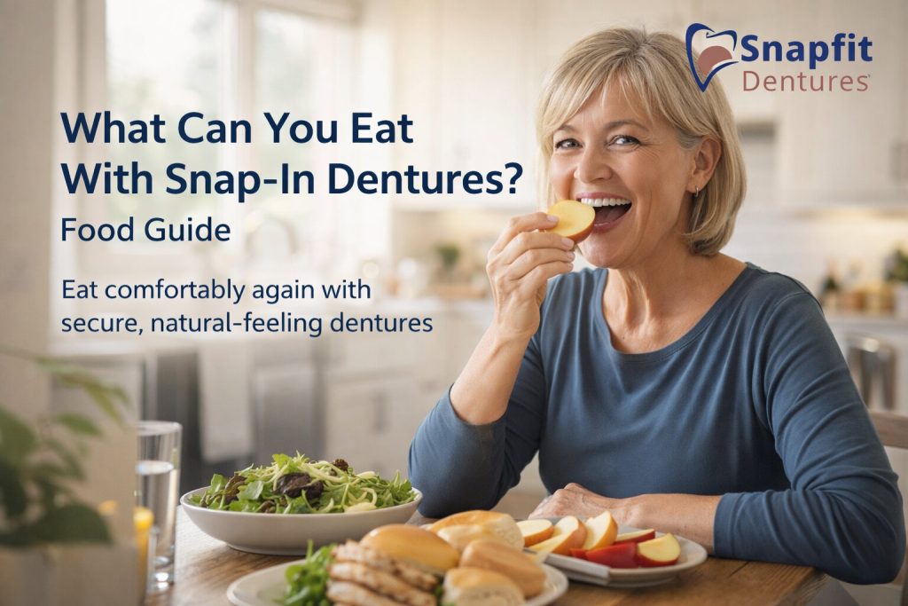 What foods can you eat with snap-in dentures in Wolverhampton UK including apples and everyday meals comfortably