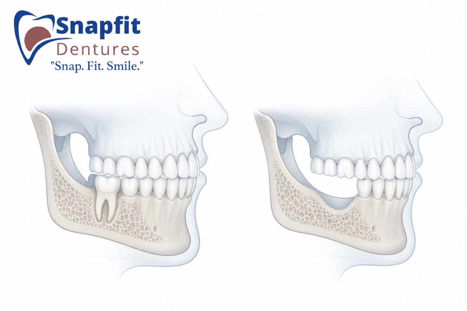 Medical diagram showing jawbone bone loss and alveolar bone resorption after a missing tooth is not replaced