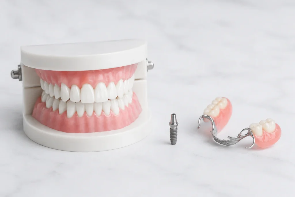 Dental implant component and partial denture displayed side by side on a clinical surface at SnapFit Denture Practice, Wolverhampton