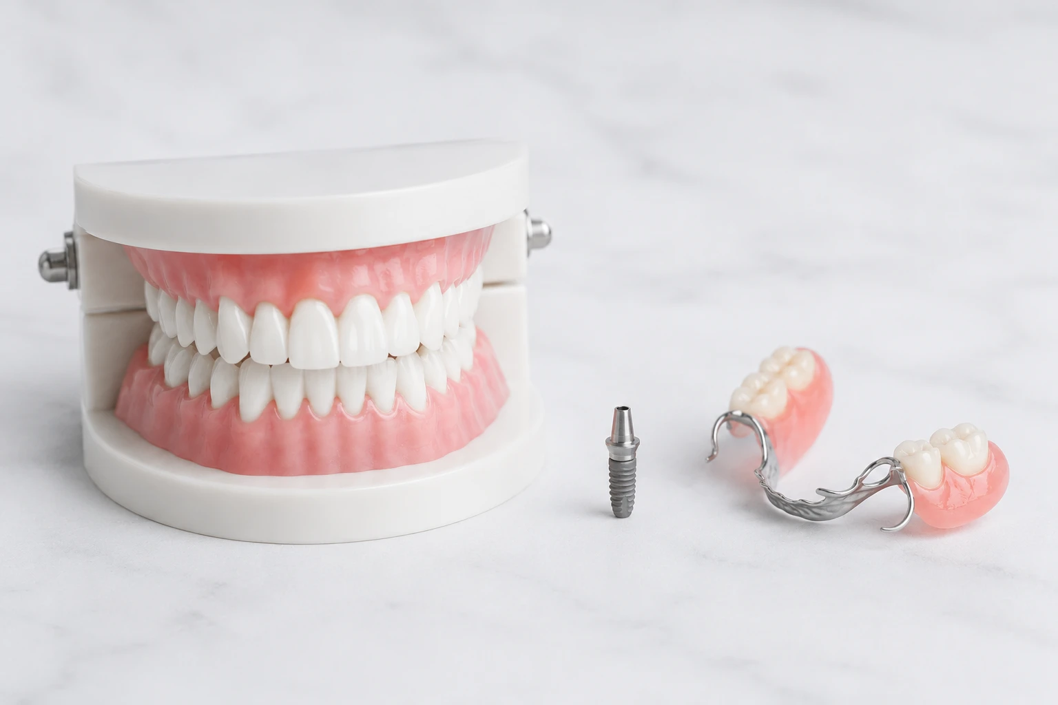 Dental implant component and partial denture displayed side by side on a clinical surface at SnapFit Denture Practice, Wolverhampton