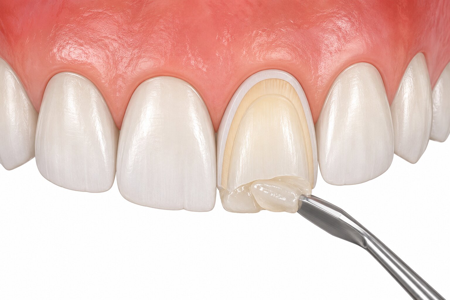 Educational 3D illustration showing composite bonding treatment on an upper front tooth. Tooth-coloured composite resin is carefully applied and sculpted to repair a chipped edge while preserving the natural tooth structure.
