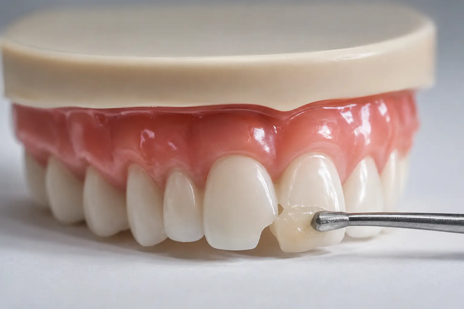 Dental model showing composite resin being applied to repair a chipped front tooth