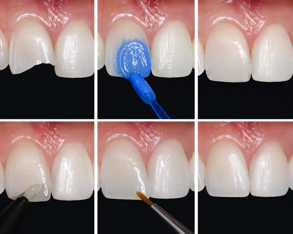 Step-by-step composite bonding process repairing a chipped front tooth, from shade matching to final polish