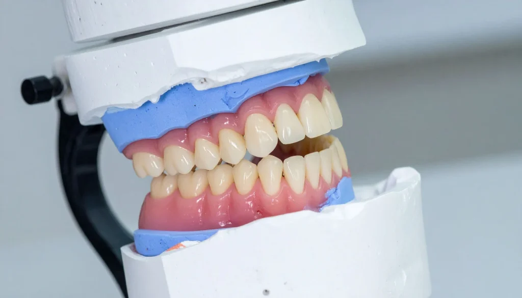 Denture being fitted and checked on a dental articulator in the lab