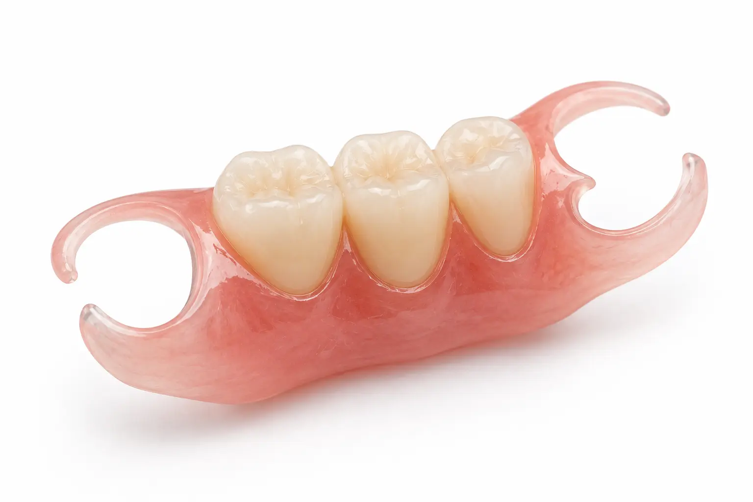 Multi-tooth partial dentures with natural-looking teeth set in a pink gum-coloured base
