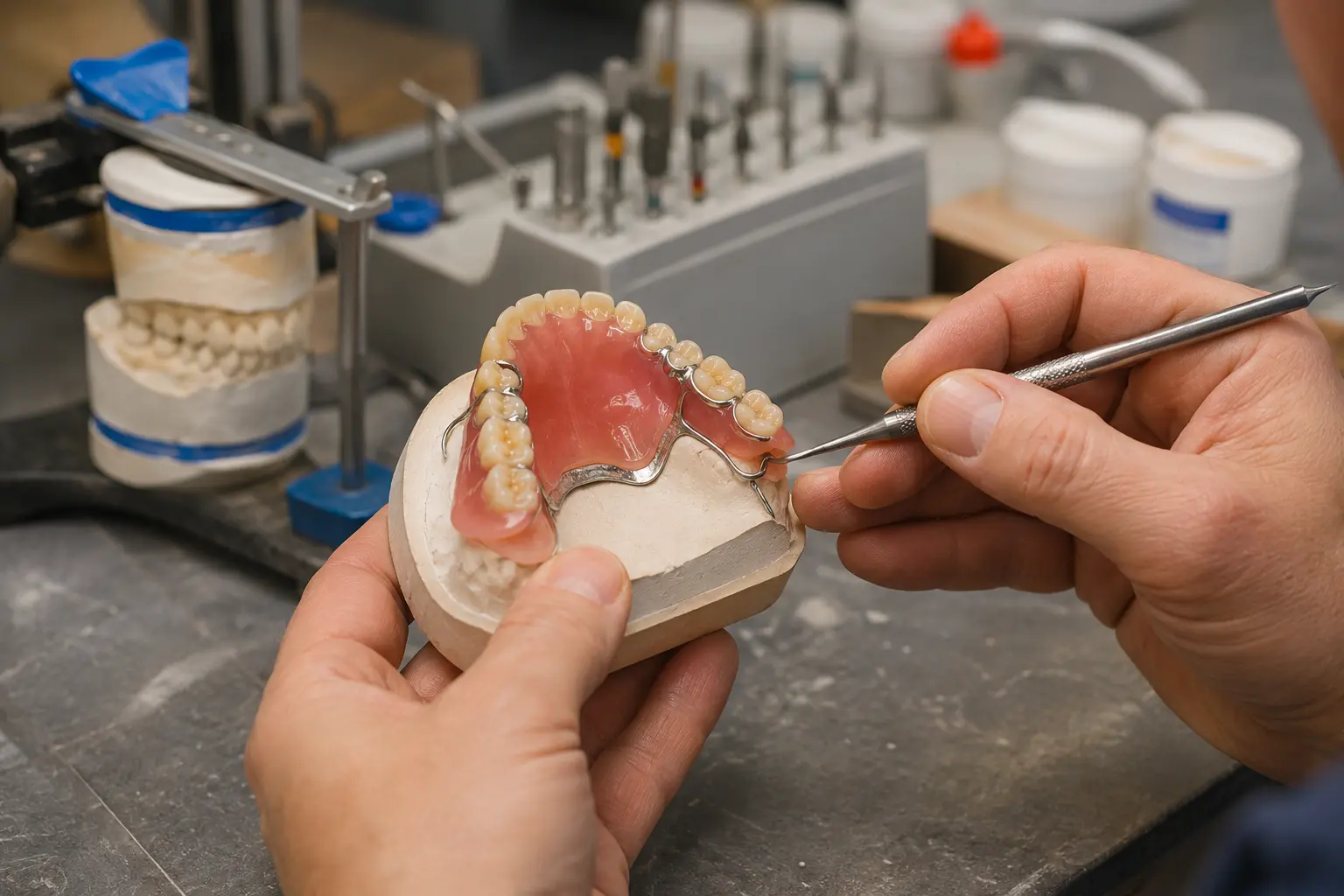 Dental technician adjusting a metal-framework partial denture on a plaster model in the on-site lab