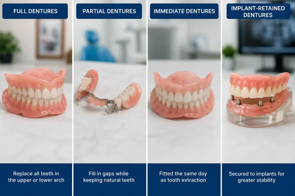 Comparison of full, partial, immediate, and implant-retained dentures