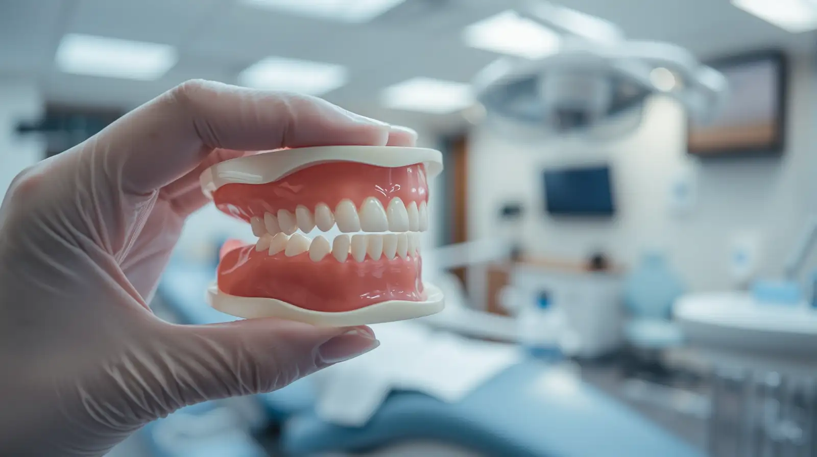 Gloved hand holding a set of upper and lower dentures in a bright dental surgery